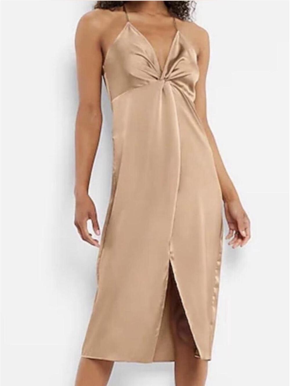 Express golden satin midi dress with a slit, size XL #satin #midi